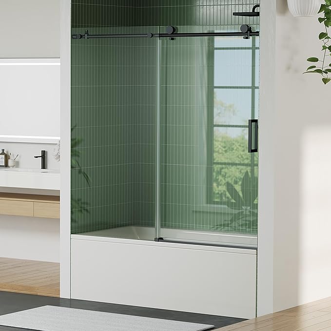 Frameless Bathtub Shower Door 56–60 inch W x 59 inch H,Shower Door Glass Sliding 60 Inches,6mm Tempered Glass, Stainless Steel,Sliding Glass Shower Door with Fixed Panel,Sliding Tub Door for Bathroom