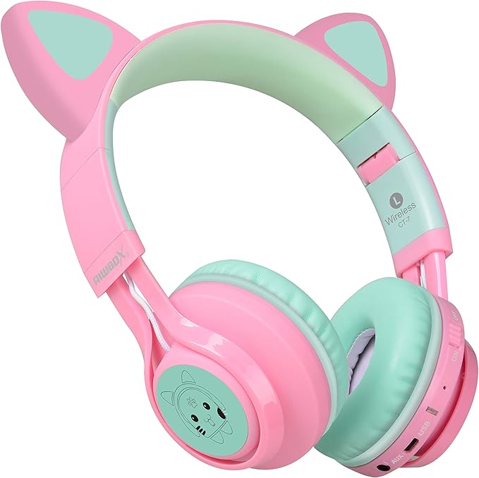 Riwbox CT-7 Cat Ear Bluetooth Headphones, LED Light Up Bluetooth Wireless Over Ear Headphones with Microphone and Volume Control for Travel/School/Smartphones/Laptop/PC/TV (Pink&Green)
