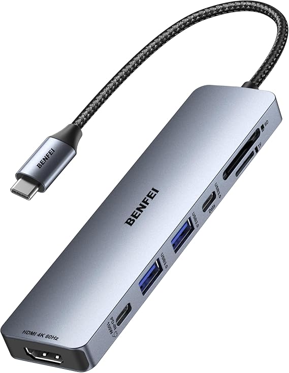 BENFEI 7-in-1 USB C Hub with HDMI(4K@60Hz), 2 USB-A, 1 USB-C Data, 100W Charge, SD/TF Card Reader, Silicone Tangle-Free Cable Compatible with MacBook Pro/Air, iPad Pro, iMac, iPhone 15 Pro/Pro Max