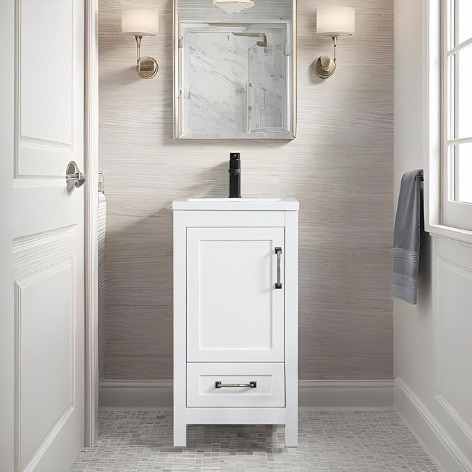 eclife 18" Bathroom Vanities with Sink Combo, Modern Thickened Wood Bathroom Storage Cabinet w/Undermount Sink, Matte Black Faucet Drain, Painted Surface, White