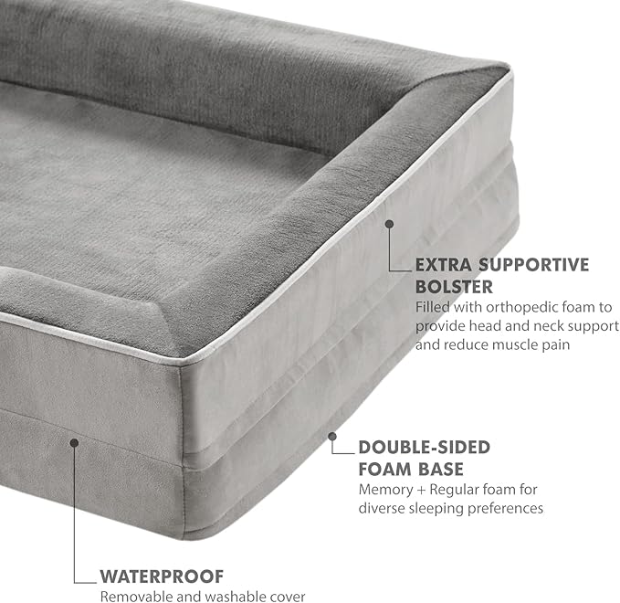 Friends Forever Orthopedic Dog Bed for Medium Dogs, Waterproof Memory Foam Dog Sofa Bed M with Removable Washable Cover, Ally Grey, 28x23x6.5