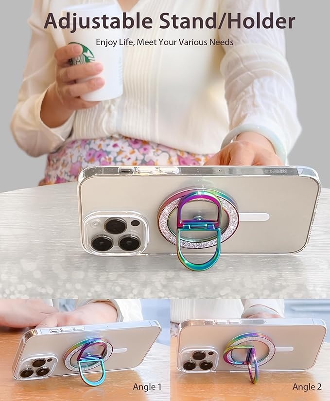 Magnetic Phone Grip for MagSafe Ring Holder Twinkle Finger Kickstand, Transparent Magnetic Phone Ring Grip for iPhone 16 15 14 13 12 Pro Max Plus & Android (Colorful)