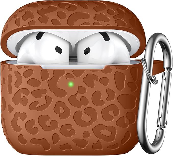 Leopard Engraved for AirPods 4 Case Cover 2024,Soft Silicone Protective Case Compatible with Apple AirPods 4th Generation Case for Women,Cute AirPod 4 Case Accessories with Keychain (Brown)