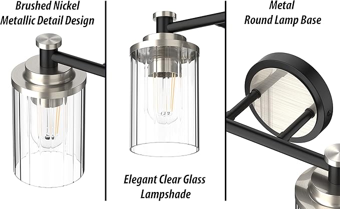 Bathroom Lighting Fixtures Black and Brushed Nickel Bathroom Vanity Light with Cylindrical Clear Stripes Glass Lampshade E26 Socket Base Bathroom Lighting Fixtures Over Mirror (2 Lights)