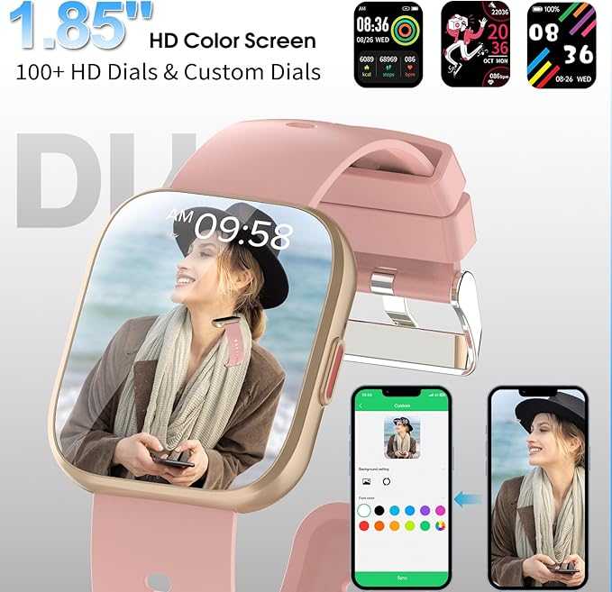 aycy Smart Watch for Men Women Bluetooth Call, 1.85" HD Touch Screen Fitness Watch with Sleep Heart Rate Monitor, 112+ Sports Modes, IP68 Waterproof Activity Trackers for Android iOS, Pink