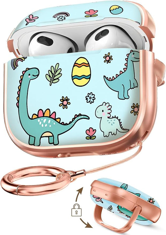 Coralogo for AirPods 3rd Case with Safety Lock - Cute Cartoon for AirPods 3rd Generation for Women Girls Fashion Stylish Dinosaur Pattern Design Kawaii Girly Girlish Hard Protective Cover