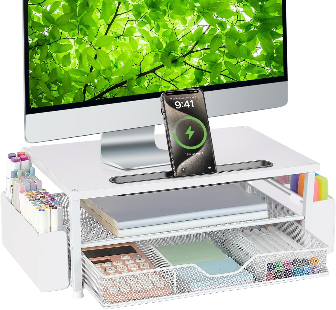AUPSEN White Monitor Stand Riser, 2-Tier Wood Computer Desk Organizer with Drawer, Pen Storage & Phone Holder, Office Desk Accessories Desktop Organizer for Office Supplies