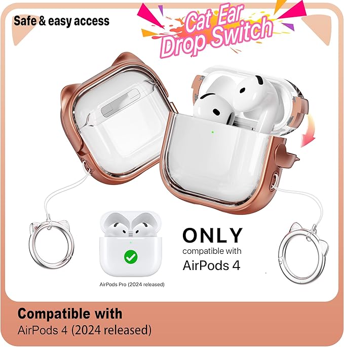RFUNGUANGO AirPods 4 Case for Women Girly Cat Case with Lock, Phone Stand,Keychain & Cleaner Kit, Compatible with Apple Airpods 4th Generation Case Cover, Transparent Gold