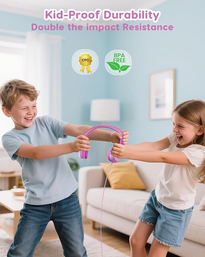 USB-C Kids Headphones, 74/85/94dB Volume Limiter, Foldable Wired Over Ear Headphones for Travel, Toddler Headphones for School, Travel, iPad, Tablet, Pink Gradient