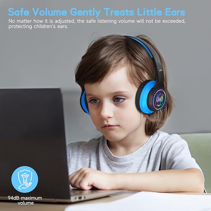 LOBKIN Kids Headphones Bluetooth 5.4,Over Ear Kids Headphones Wireless with Mic 50H Playtime Colorful LED Lights AUX Cord 94dB Safe Volume Limited Foldable Design for Boy Girl Travel/School/iPad