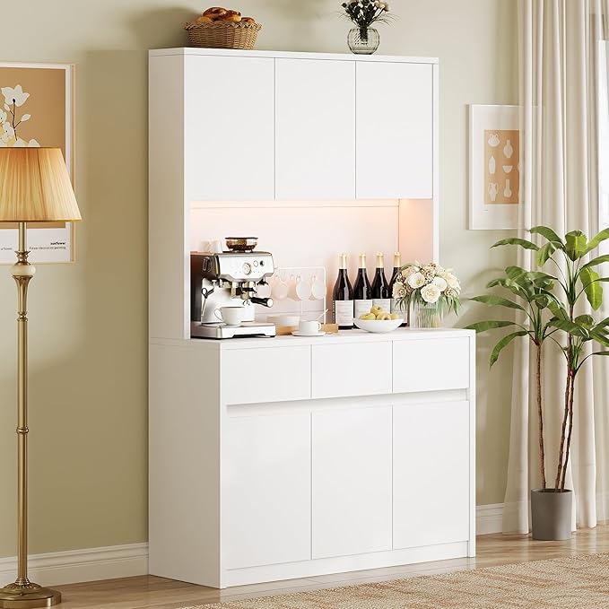 71" Tall Kitchen Pantry Cabinet, Adjustable Shelves & Doors and Three Drawers, Microwave Shelf, Coffee Bar with LED Lights & Charging Station, Corner Storage Hutch for Living Room, White