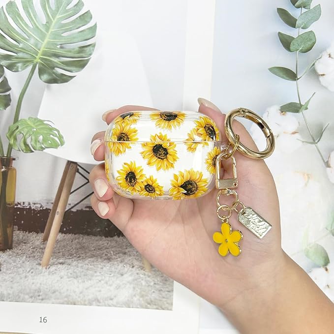 Compatible with AirPods Pro 2 Case Cover 2022, Soft TPU with Cute Flower Pattern for AirPods Pro 2nd/1st Generation Case with Flower Keychain and Carabiner for Girls Women (Yellow)
