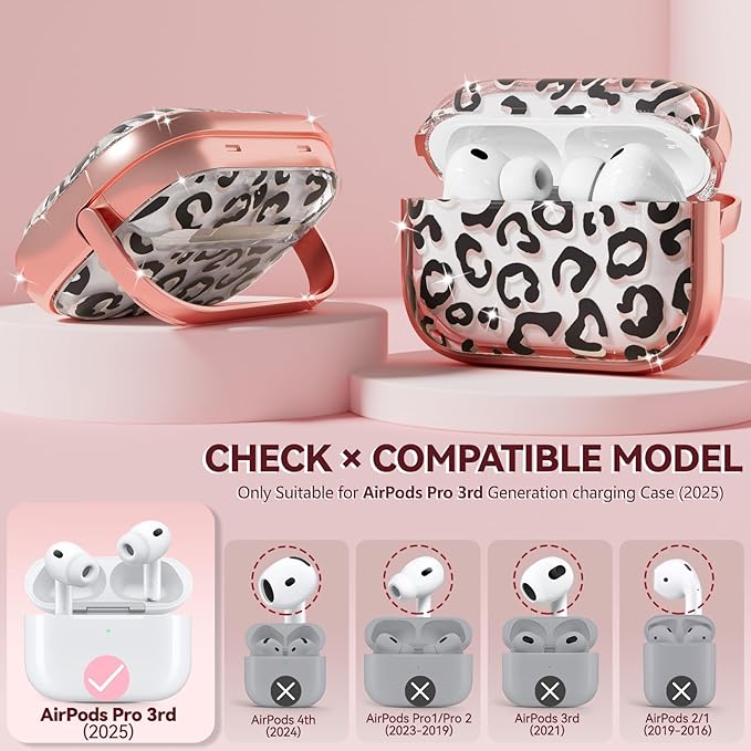 Inesore for AirPods Pro 3 Case 2025 with Lock, for Women Girly Floral Clear Case Compatible with Apple Airpods Pro 3rd Generation Cover, with Phone Stand,Keychain & Cleaner Kit - Leopard Print