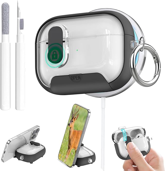 for Airpods Pro 3 Case Clear,Secure Lock for Airpods pro 3rd Generation Case Cover with Phone Stand and Magsafe Function,Auto Pop-up,Hybrid Protection Design with Carabiner&Cleaning Pen-Black