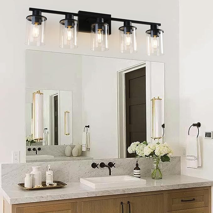 LOUSACE 5-Light Black Bathroom Vanity Light, 31.5" Modern Vanity Lighting Fixture Over Mirror with Clear Glass Shade, E26 Base