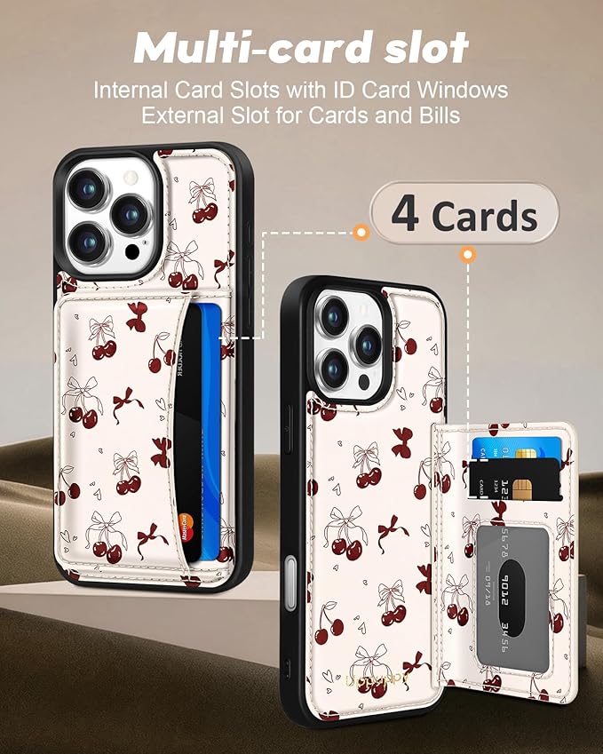 for iPhone 16 Pro Case with Wallet - Fits 4 Card Slots, Compatible with MagSafe for Women Aesthetic Durable PU Leather Credit Card Holder Kickstand Phone Cover for Apple 16 Pro, Bow Cherry