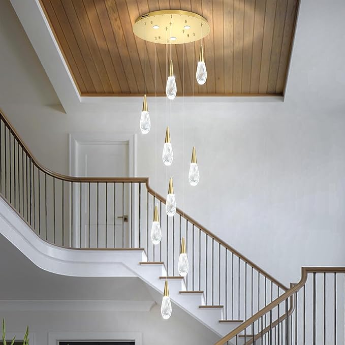 H98 Modern Chandelier for Stairway 9-Lights Crystal Raindrop Chandelier Gold Pendant Light for Staircase Living Room Entryway LED Dimmable High Ceiling Chandeliers with Remote
