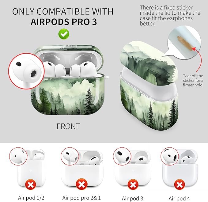 Cute Hard Case Compatible with AirPods Pro 3rd Generation Case (2025), Shockproof Protective Cover with Golden Keychain Ring Clip (Green Mountain)