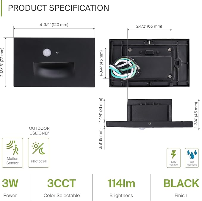 ASD LED Recessed Step Light Fixture, Dusk to Dawn Outdoor Tread Lighting | 3CCT, Motion Sensor, Photocell, Waterproof, ETL Listed | 3W 120LM 3000K-5000K 120V | Staircase Illumination | Black, 4 Pack