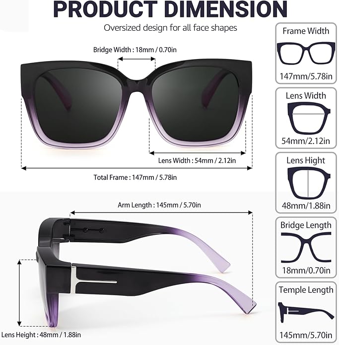 LVIOE 2 Pack Polarized Fit Over Sunglasses for Women Men Oversized Square Over Glasses Sunglasses with UV Protection LS7511