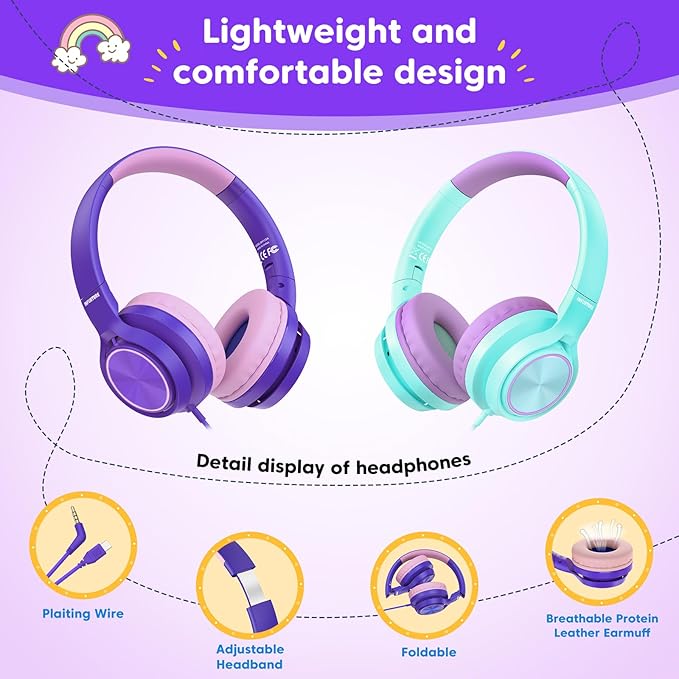 Kids Headphones with 3.5mm & USB C Wired Headphones, USB C Headphones Kids for School, Lightweight On-Ear Headphones Built-in Mic & Safe Volume Limited for classroom/Girls/Boys/Travel/Tablets(Purple)