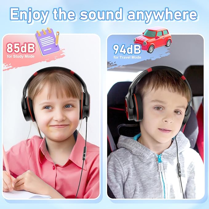 Kids Headphones with Safe 85dB/94dB Volume Limiter for Teen and Boys, Foldable HD Stereo Sound Headset for Kindle Kids/fire Tablet/iPad/Laptop, Headphones with Microphone (Black-red)