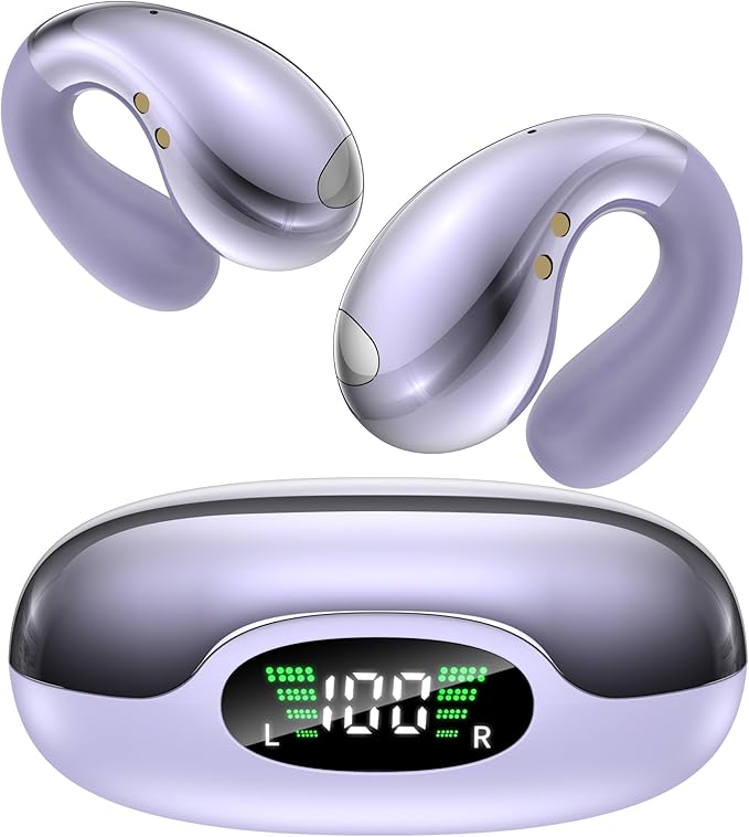 Ultra Open Ear Earbuds - Comfortable Clip-On Bone Conduction Earbuds, Over-The-Ear Open Headphones with Waterproof Build for Running, Gym Workouts, and Outdoor Sports, Purple