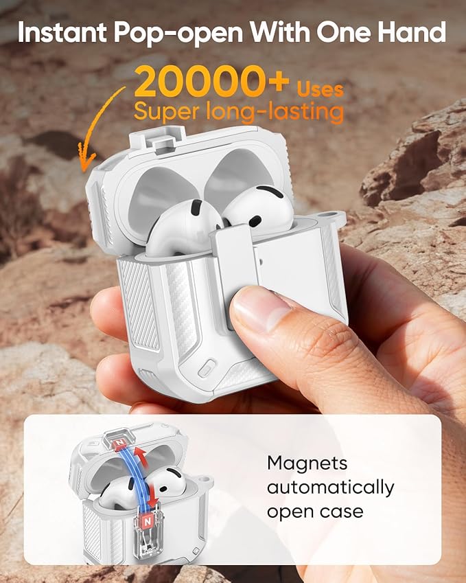 MoKo for AirPods 4 Case with Lock 2024 - Compatible with MagSafe, Phone Stand & Auto Pop-up for AirPods 4th Generation Case, Military-Grade Protective Cover with Cleaner Kit, White