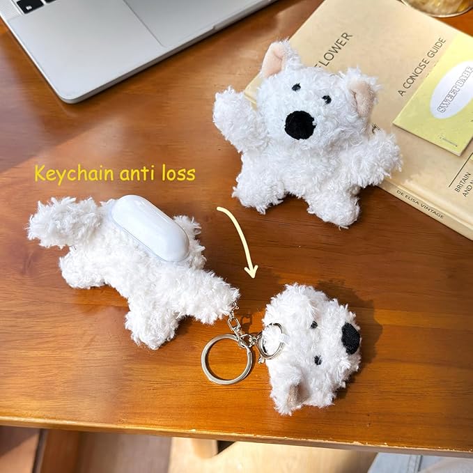 Yatchen Furry Case for AirPods 4,Funny Cute 3D Cartoon Plush Kawaii Western Highland Dog Design Fluffy Soft Warm Cover for AirPods 4rd Generation Carrying Charging Box with Keychain Protective Case