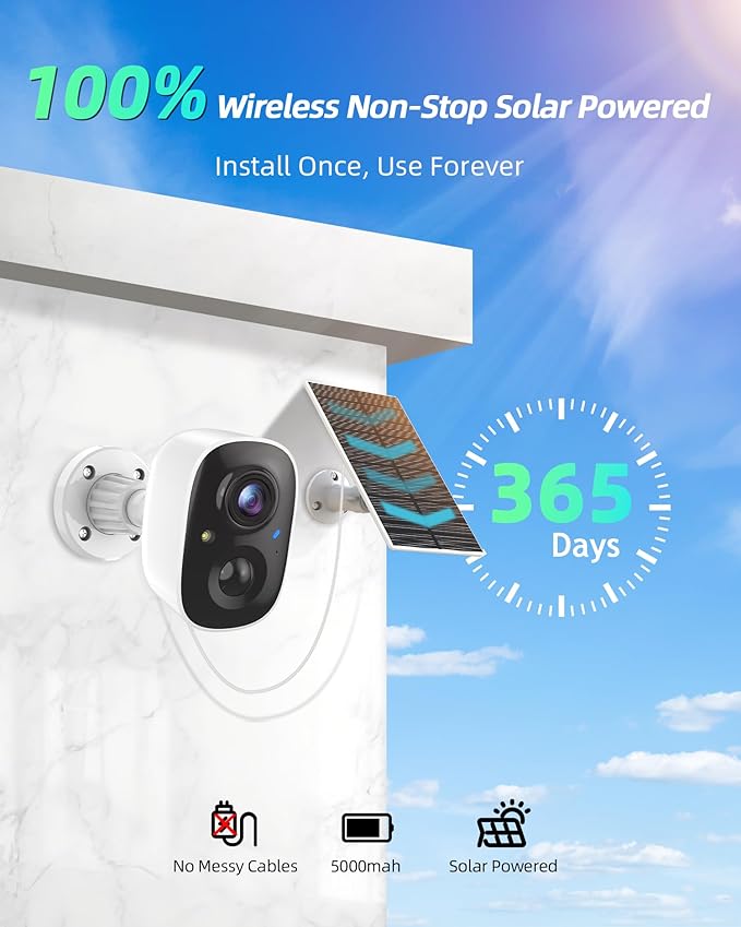 Solar Camera Outdoor Wireless, 2.4G Wi-Fi Security Camera with AI Motion Detection, Cameras for Home Security, 2K Color Night Vision, 2-Way Talk, IP66 Weatherproof, Cloud/SD Storage, 2 Packs