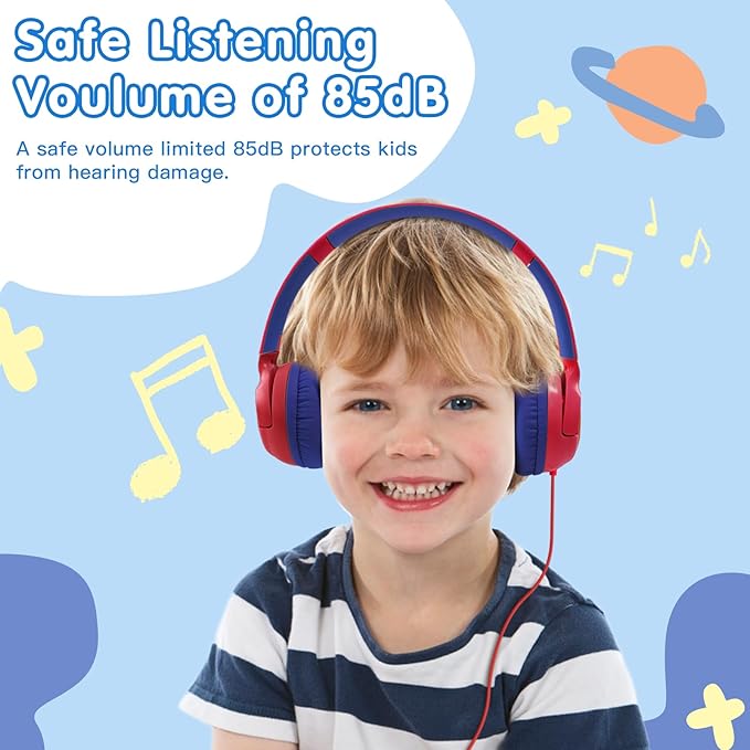 ZIHNIC Wired Kids Headphones, Safe 85dB Volume Limit for Boys & Girls, Comfortable Earpads, Foldable Design for School, Tablets, and Travel-RED