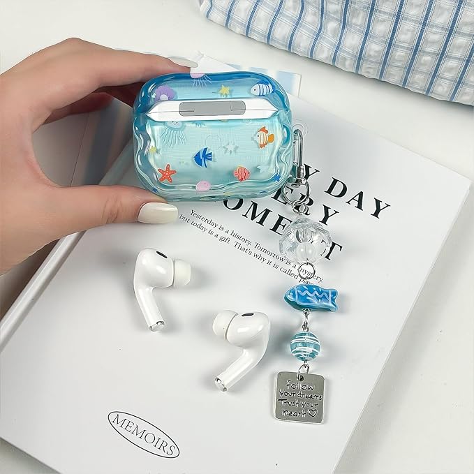 Compatible with AirPods Pro 3 Case Soft TPU with Cleaner Kit Creative Cute Fish Star Keychain Shockproof Cover for Airpods Pro 3rd Generation(2025) -Blue
