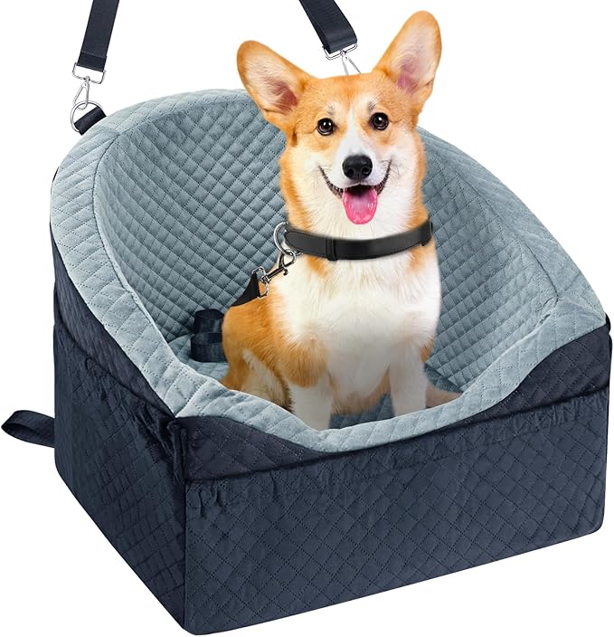 Vivifying Dog Car Seat for Small & Medium Dogs, Detachable & Washable Booster Seat for Pets Up to 30lbs, Travel Bed with Storage Pockets and Safety Belt – Gray&Black