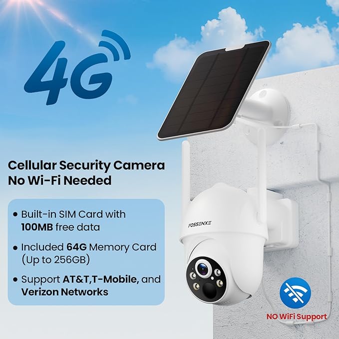 4G LTE Cellular Security Camera Includes 64GB Memory Card & SIM Card(Support Verizon/AT&T/T-Mobile), No WiFi Security Camera Solar Powered with 360° Live View, 2K Color Night Vision