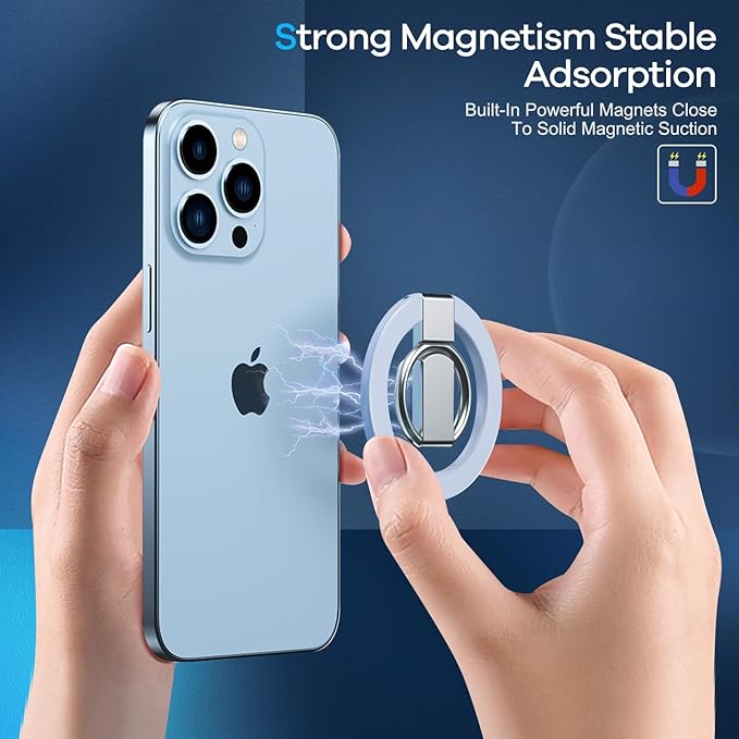 Blue Ergonomic Phone Ring Holder iPhone 11 12 13 14 15 16 17 Pro Max Magnetic Wireless Charging 360° Rotation Anti-Slip Grip Adjustable Kickstand Samsung Galaxy Pixel Foldable Secure Finger Loop