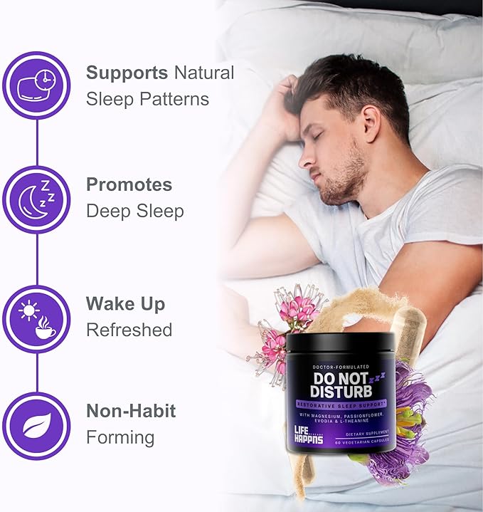 Life Happns Melatonin-Free Sleep Aid for Adults – Triple Magnesium, L-Theanine, Passionflower & Evodia for Deep, Restorative Sleep & Waking Refreshed | Non-Habit-Forming Natural Sleep Relaxation