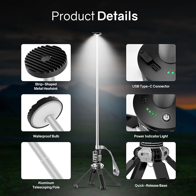 Telescopic Camping Light — Rechargeable Outdoor Lantern with Long Runtime, Adjustable Height, Stable Aluminum Design for Camping, Emergency & Night Use
