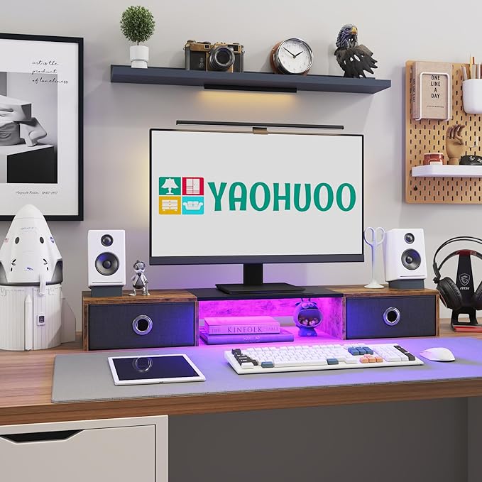 YAOHUOO Dual Monitor Stand with LED Light 2 Drawers, Computer Monitor Riser for 2 Monitors, Large Desktop Organzier with Storage for PC/Laptop/Computer/TV Screen/Printer
