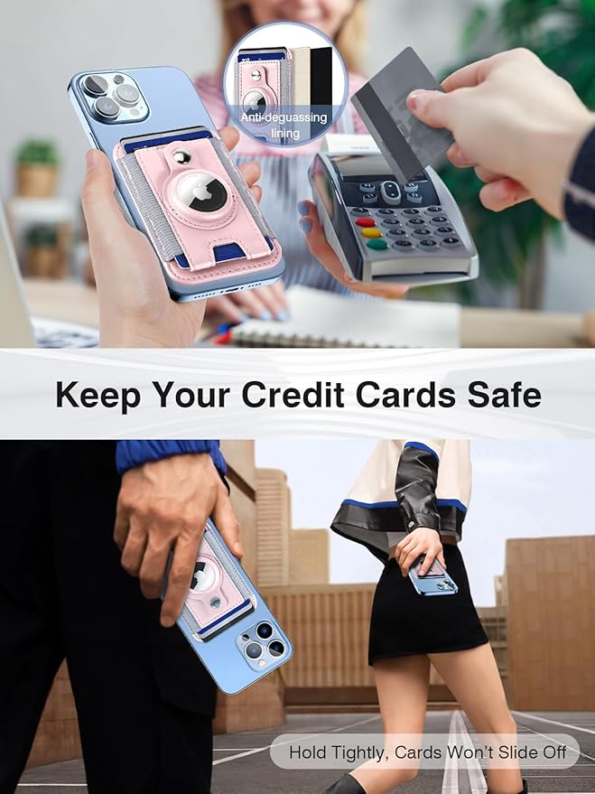 Miroddi Pink Magnetic Wallet Card Holder for iPhone, Holds Up to 7 Cards, AirTag Holder, RFID Blocking Protection, Unisex-Adults