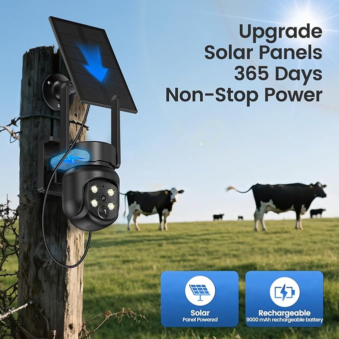 4G Cellular Wireless Outdoor 360° View Security Camera, No WiFi Needed, SIM Included, Solar & 9000 mAh Battery, 2K, PIR Alerts, Night Vision, IP65, SD/Cloud Storage