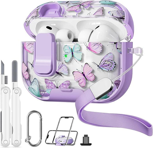 with Safety Lock for AirPods Pro 3 Case 2025,Clear Butterfly Floral Cute Airpods Pro 3rd Generation Case with Phone Stand & Cleaner Kit for Apple AirPods Pro 3 for Women Girly-Purple