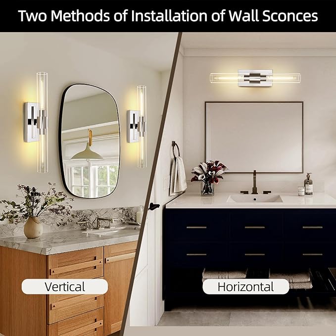 Nickel Bathroom Vanity Light, 2-Light Bathroom Wall Sconce Over Mirror, Chrome Vanity Lights for Bathroom, Dimmable Vanity Sconce with Glass Tube, Indoor Linear Wall Sconce for vertical and horizontal