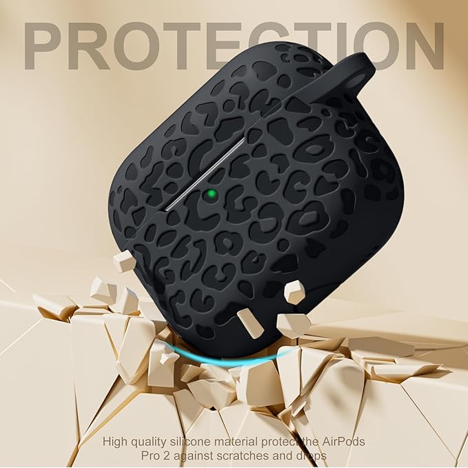 Compatible with Airpods Pro 2nd Generation Case, Leopard Engraved Soft Silicone Skin Cover Full Protective Case for AirPods Pro Case 2nd/Airpod Pro Case Cover,Front LED Visible,Black
