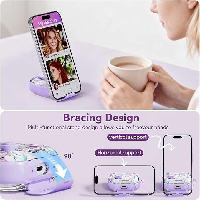 with Safety Lock for Apple AirPods 4 Case,Clear Floral Cute AirPod 4th Generation Case with Phone Stand & Cleaning Kit for Women Girly-Purple+Butterfly