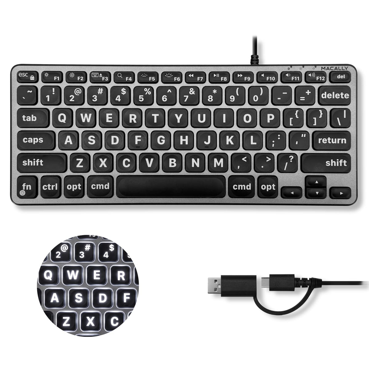 Macally Large Print Keyboard for Mac (Dual USB-C & USB-A) – Backlit Small Wired Keyboard, Compact Mini USB Keyboard with Quiet Scissor Switch Keys, Compatible with MacBook Air & Mac mini - Image 1