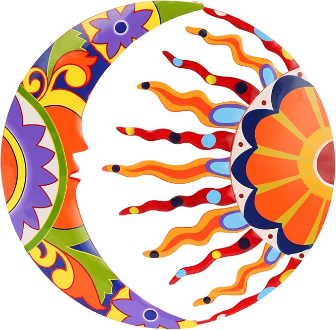 SUNNYPARK Metal Sun and Moon Wall Art Decor, 16" Colorful Handcrafted Mexican Talavera celestial Wall Sculptures Hanging for Indoor Outdoor Living Room, Garden, Patio