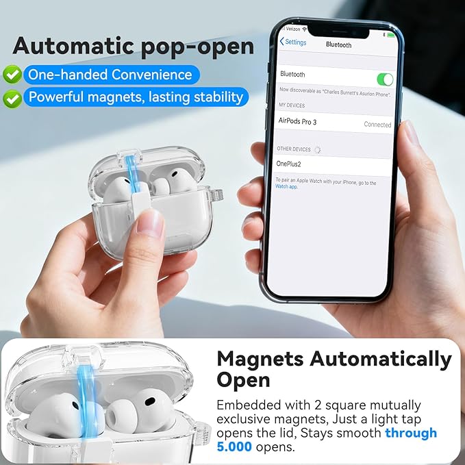 for AirPods Pro 3 Case, Anti-Yellowing Clear Case with Safety Lock, Phone Stand & Auto-Open Lid for AirPods Pro 3rd Gen 2025 Case Cover for Women Men Girly with Cleaning Kit & Keychain