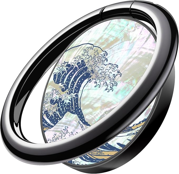 Carveit Natural Shells Cell Phone Ring Holder Metal Phone Kickstand Grip for iPhone 16 Pro Max/15/14 & Galaxy S23/S24/S25 Ultra & Pixel 8/9 -Black-Wave Reimagined
