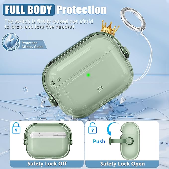for Airpods Pro 3 Case,Safety Lock Cases for Apple Airpod Pro 3 (2025) with Phone Stand & Cleaner Kit,Drop Protection Air pods Pro3 Case Cover for Men Women with Keychain,Clear Green