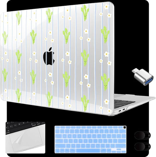 MEEgoodo for MacBook Air 13.3 inch Case 2021 2020 2019 2018 A2337 M1 A2179 A1932, Laptop Shell for MacBook Air M1 with Keyboard Webcam Cover & Trackpad Film & Type C Adapter,Cute & Cheerful Asparagus